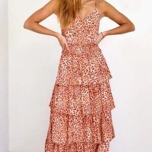 Fab’rik Maxi Dress Womens M Red Leopard Ruffle Tiered Boho Cottagecore Beachy